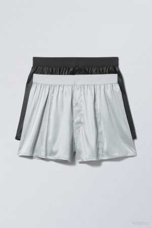 Weekday 2-pack Boxer Shorts Satin Black Grey | QHUA0424