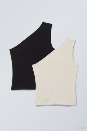 Weekday 2-pack Cindy One Shoulder Tank Top Black Beige | VNMJ0023