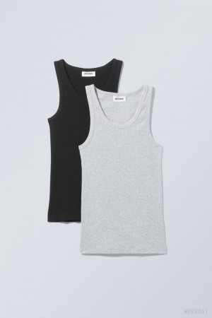 Weekday 2-pack Close Fitted Rib Tank Top Black Grey | YKJR1843