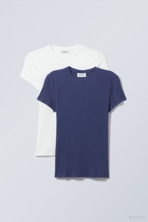 Weekday 2-pack Close Fitted Rib T-shirt White Blue | BRFA9591