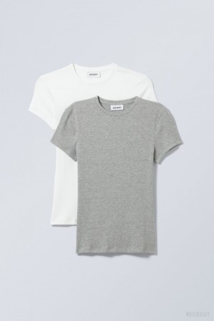 Weekday 2-pack Close Fitted Rib T-shirt White Grey | KDIN8470