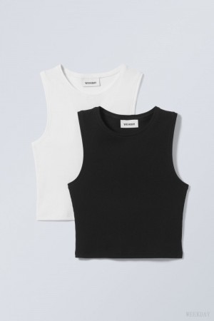 Weekday 2-pack Pure Crop Tank Top Black White | BQIU8734