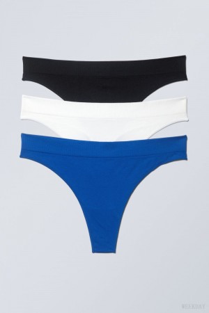 Weekday 3-pack Cat Soft Thong Thong Black White Blue | JOOX1102