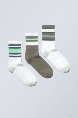 Weekday 3-pack Striped Sport Socks Green Stripes | UZCW1202