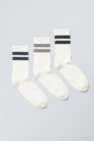 Weekday 3-pack Striped Sport Socks Grey Navy Black Stripes | HFCN6145