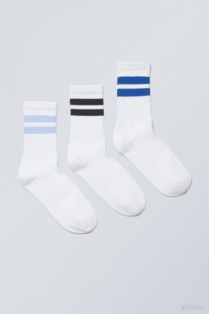 Weekday 3-pack Striped Sport Socks Light Blue Stripes | ZNKO0917