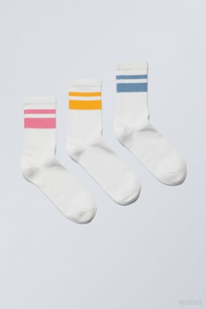 Weekday 3-pack Striped Sport Socks Pink Yellow Blue Stripes | KQEX6159