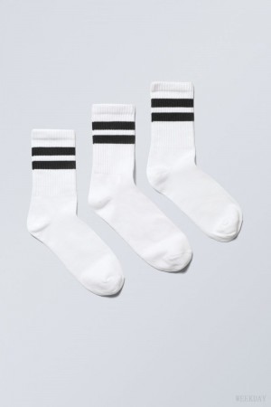 Weekday 3-pack Striped Sport Socks White Black | TQCM9392