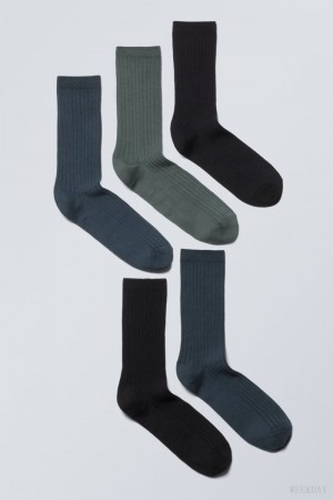 Weekday 5-pack Rib Socks Dark Grey Blue Green | GFDW6783