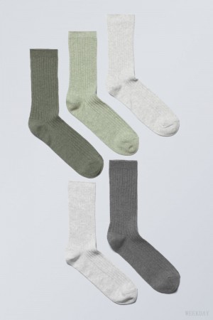 Weekday 5-pack Rib Socks Green | DVLF4032