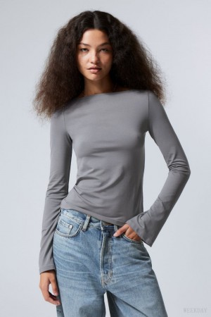 Weekday Annie Boatneck Long Sleeve Top Dark Grey | OYQW0727