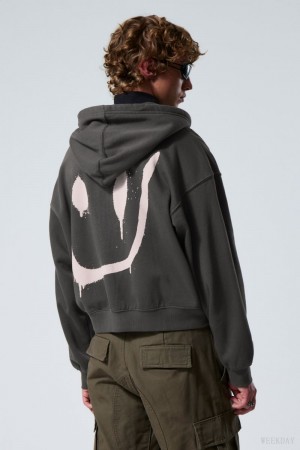 Weekday Boxy Graphic Zip Hoodie Drippy Smiling Face | XNXK9298