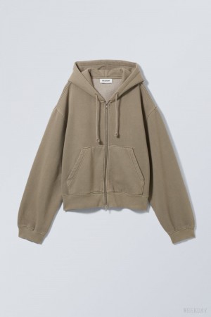 Weekday Boxy Heavyweight Zip Hoodie Dusty Mole | FPBM0133