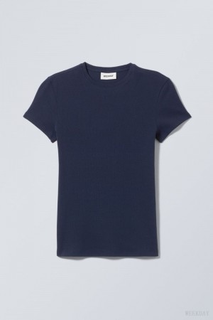 Weekday Close Fitted Rib T-Shirt Dark Blue | VYCC5465