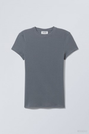 Weekday Close Fitted Rib T-Shirt Dark Grey | ZZFT9488