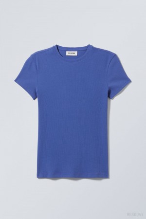 Weekday Close Fitted Rib T-Shirt Deep Blue | KEBR5021