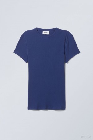 Weekday Close Fitted Rib T-Shirt Navy Blue | ZHII5768