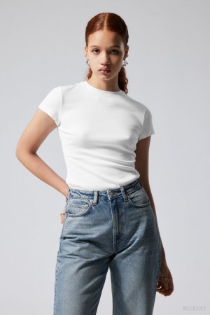 Weekday Close Fitted Rib T-Shirt White | XWCG9186