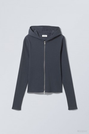 Weekday Cut Tight Zip Hoodie Dark Blue | NPRB5839