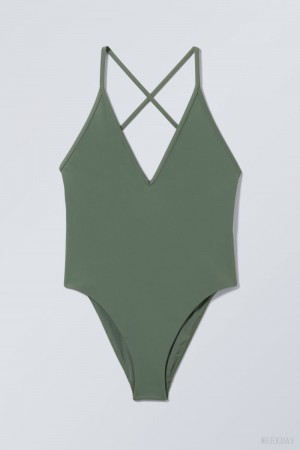 Weekday Deep V-neck Swimsuit Green | CDSN5240