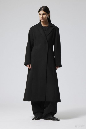 Weekday Delia Waisted Wool Blend Coat Black | UQRZ0977