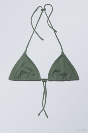 Weekday Drawstring Halter Bikini Top Olive Green | SOQM1004