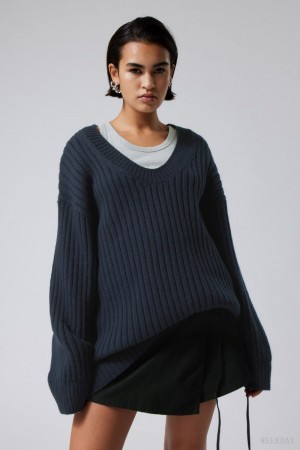 Weekday Eden Oversized Wool Blend Sweater Navy | BLOU0636