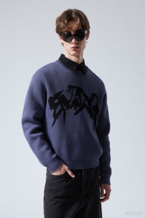 Weekday Fabian Graphic Sweater Blue | GKXT4182