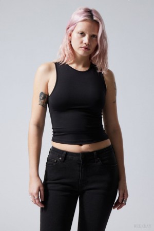 Weekday Fine Fitted Tank Top Black | PLXY3974