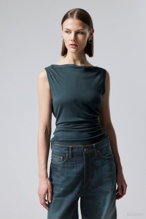 Weekday Joan Drape Top Dark Green | FIWU3209