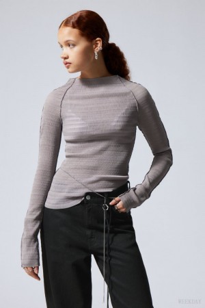 Weekday Laura Long Sleeve Pleated Top Light Grey | QCES3600