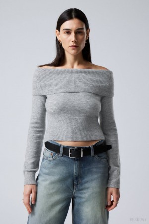 Weekday Lolo Off Shoulder Sweater Grey | NCRM3322