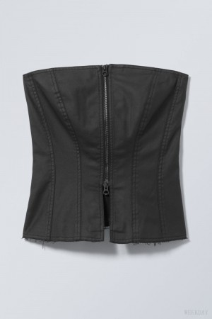 Weekday Meggie Coated Zip Corset Black | GHUS8187