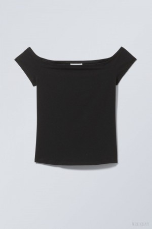 Weekday Off Shoulder T-shirt Black | PKFX9577