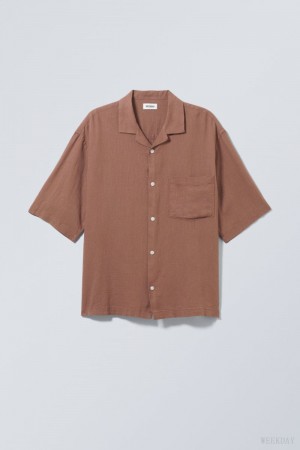 Weekday Oversized Linen Short Sleeve Shirt Brown | MWST8217