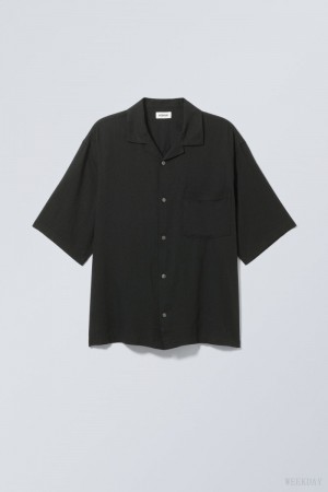 Weekday Oversized Linen Short Sleeve Shirt Black | UGCC1138