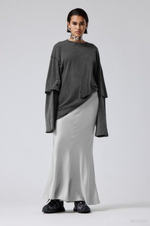 Weekday Paige Satin Long Skirt Light Grey | KBGE5027