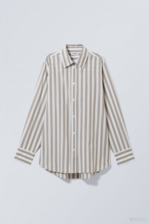 Weekday Regular Cotton Voile Shirt Beige Stripes | LFCV1290