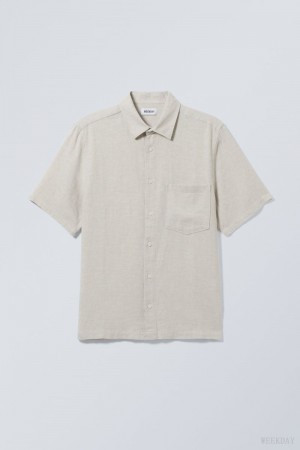 Weekday Relaxed Linen Short Sleeve Shirt Ecru | DRUU1352