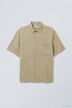 Weekday Relaxed Linen Short Sleeve Shirt Khaki | DIDN7108