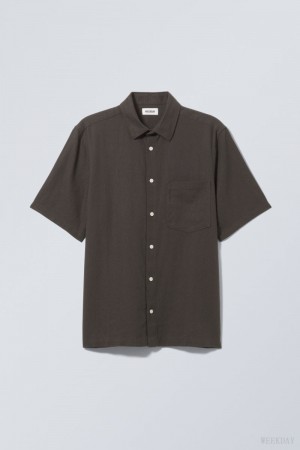 Weekday Relaxed Linen Short Sleeve Shirt Black | IXGU6723