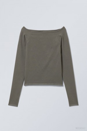 Weekday Seamless Off Shoulder Long Sleeve Khaki | IFHA7021