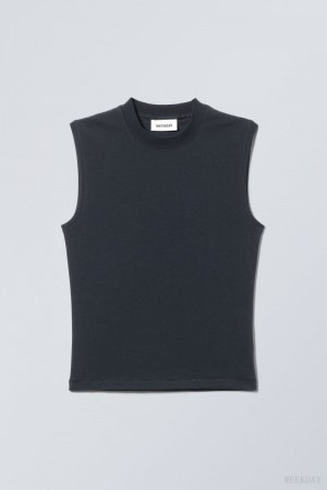 Weekday Slim Mock Neck Tank Top Dark Blue | THGT9765