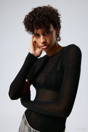 Weekday Soft Sheer Long Sleeve Top Black | XIGL6377