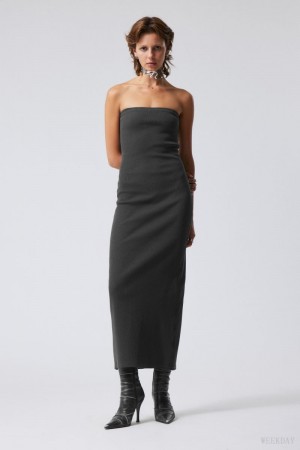 Weekday Tania Ribbed Tube Dress Dark Grey | NSZP9058