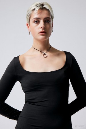 Weekday Tea Scoop Neck Long Sleeve Top Black | UKOA8904