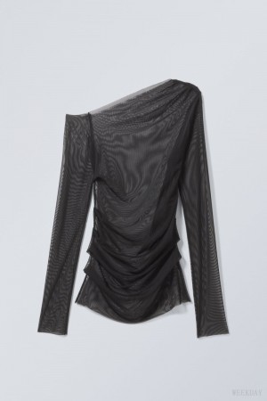 Weekday Transparent Drape Asymmetric Long Sleeve Black | NEMZ5345