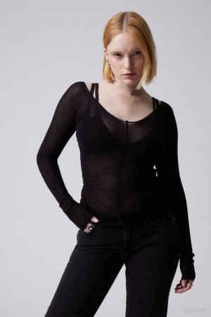 Weekday Yen Sheer Longsleeve Top Black | ENIU9993