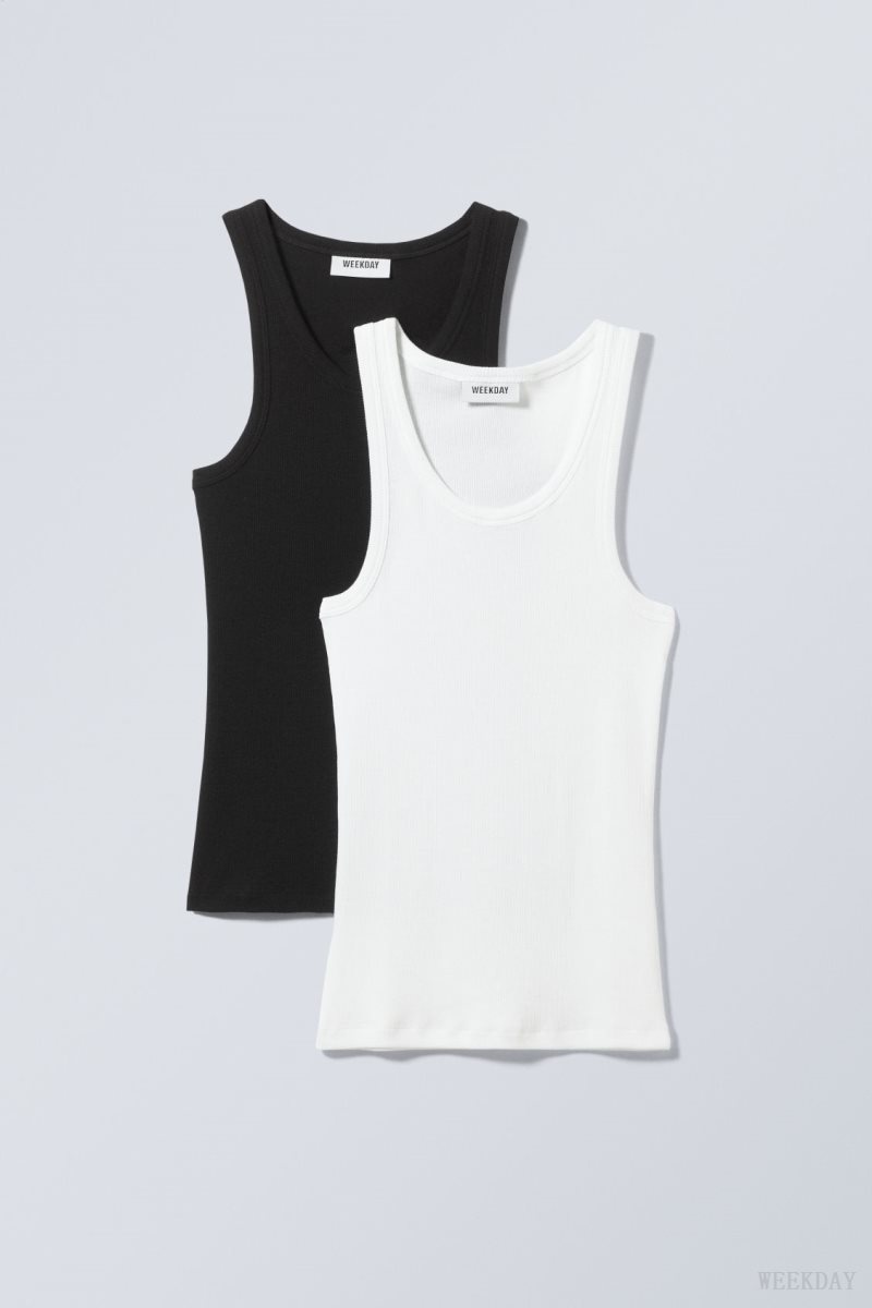 Weekday 2-pack Close Fitted Rib Tank Top Blk&Wht | DRXE0196