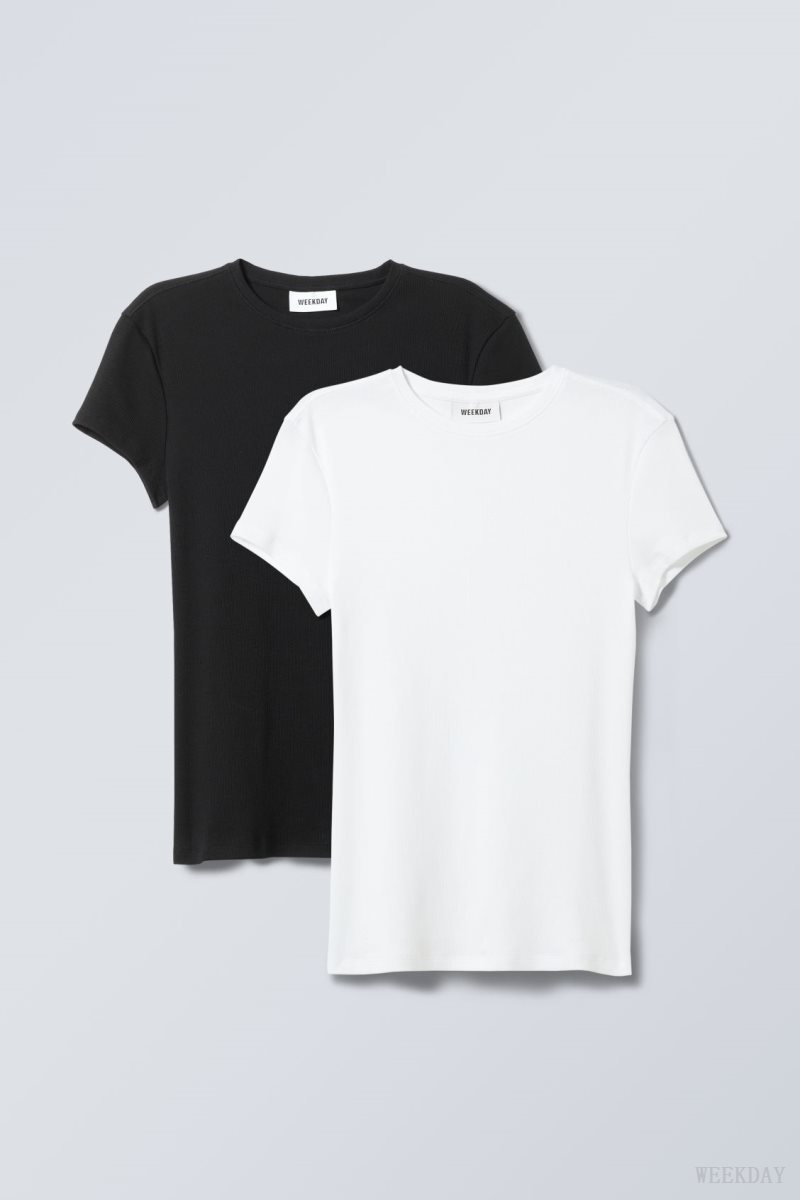 Weekday 2-pack Close Fitted Rib T-shirt Blk & wht | GOCY9927